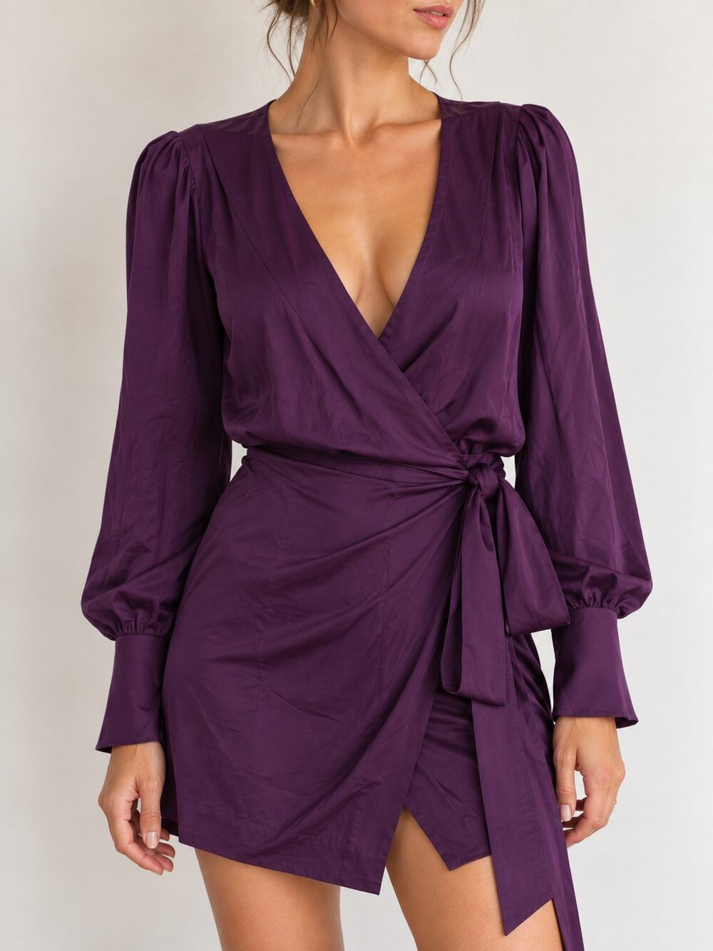 Rumored Purple Wrap Mini Dress Size S Long Sleeve Tie Waist Plunge V Neck NWT